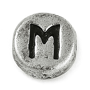 925 Sterling Silver Flat Round with Letter Beads, with 925 Stamp, Antique Silver, Letter M, 6.5x3mm, Hole: 1.2mm