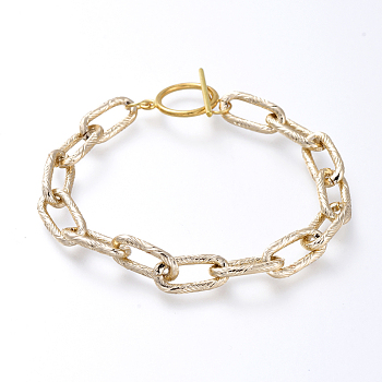 Aluminum Paperclip Chain Bracelets, with Alloy Toggle Clasps, Textured, Light Gold & Golden, 7-1/4 inch(18.5cm)