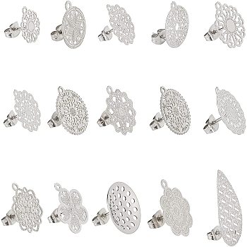 DICOSMETIC 30Pcs 15 Style 304 Stainless Steel Stud Earring Findings, with Loop, Stainless Steel Color, 12.5~26x10.5~17mm, Hole: 1mm, pin: 0.7mm, 2pcs/style