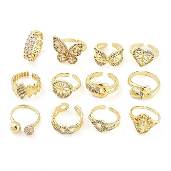 Rack Plating Brass Micro Pave Cubic Zirconia Finger Ring, Long-Lasting Plated, Cadmium Free & Lead Free, Mixed Shapes, Real 18K Gold Plated, 7~15mm, US Size 6(16.5~19mm), 12pcs/box