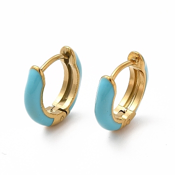 Enamel Hoop Earrings, Real 18K Gold Plated 316 Surgical Stainless Steel Jewelry for Women, Dark Turquoise, 13x14x3mm, Pin: 1mm