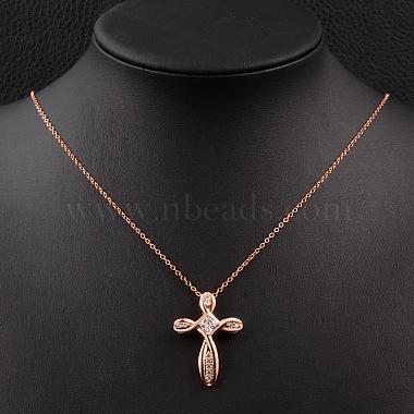 Real Rose Gold Plated Brass Cubic Zirconia Cross Pendant Necklaces(NJEW-BB05740-RG)-5