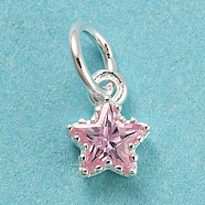 925 Sterling Silver Charms, with Cubic Zirconia, Faceted Star, Silver, Pink, 7x5x2.5mm, Hole: 3mm(STER-G035-01C-04)