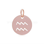 304 Stainless Steel Charms, Flat Round with Constellation/Zodiac Sign, Rose Gold, Aquarius, 12x1mm, Hole: 3mm(STAS-Q201-T445-11R)