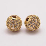Brass Micro Pave Cubic Zirconia Beads, Round, Golden, 10x9.5mm, Hole: 2mm(ZIRC-E110-07G)