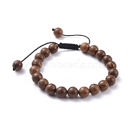 Adjustable Nylon Cord Braided Beaded Bracelets, with Wood Beads, Round, Coconut Brown, 2-1/8 inch~2-3/4 inch(5.3~6.9cm)(BJEW-JB04708)