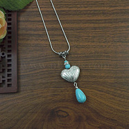 Exotic Ethnic Style Miao Silver & Synthetic Turquoise Pendant Necklaces, Antique Silver, Heart(NL3465-1)