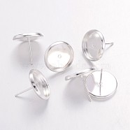 Brass Ear Studs Settings, Nickel Free, Silver Color Plated, Tray: 12mm, 12mm, Pin: 0.7mm(IFIN-Q005-S-NF)