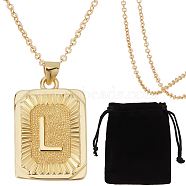 1Pc Brass Pendants, 1Pc Brass Cable Chain Necklaces, 1Pc Rectangle Velvet Pouches, Letter L, 23~445x15.5~70x2mm(NJEW-BBC0001-18L)