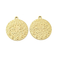 304 Stainless Steel Pendants, Textured, Flat Round with Eye Charm, Real 14K Gold Plated, 21.5x18.5x1mm, Hole: 1.5mm(STAS-P356-21G)