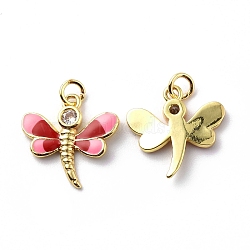 Brass Cubic Zirconia Pendants, with Enamel & Jump Ring, Dragonfly Charm, Real 18K Gold Plated, FireBrick, 17.5x17.5x2.5mm, Hole: 3mm(KK-G446-23G-03)