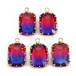 Gradient Color Glass Pendants, with Brass Prong Settings, Faceted, Rectangle, Light Gold, Blue, 24x14x6mm, Hole: 1.6mm(GLAA-S193-005-B02)