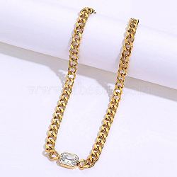 Cubic Zirconia Rectangle Pendant Necklace, with Golden Stainless Steel Cuban Link Chains, Clear, 18.90 inch(48cm)(MR3032-1)