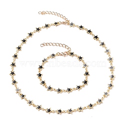 Alloy Enamel Star Link Chain Bracelets & Necklaces Jewelry Sets, with Iron Curb Chains and Zinc Alloy Lobster Claw Clasps, Black, Golden, 15-7/8 inch(40.3cm), 7-1/2 inch(19cm)(X-SJEW-JS01140)