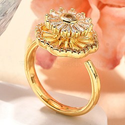 Flower Rotatable Finger Ring for Women, Brass Micro Pave Clear Cubic Zirconia Fidget Spinner Rings, Real 18K Gold Plated, 15x15.5mm, Inner Diameter: 18.5mm(RJEW-U035-01G-05)