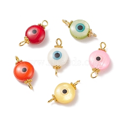 Natural Freshwater Shell Connector Charms, with Golden Tone Iron & Alloy Findings, Flat Round with Evil Eye, Dyed, Mixed Color, 19.5x10x5.5mm, Hole: 1.8~3mm(PALLOY-JF01692)