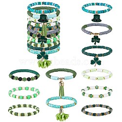 11Pcs 11 Style Alloy Enamel Clover & Cloth Flower Tassel Charm Stretch Bracelets Set, Polymer Clay Heishi Surfer Bracelets, Preppy Jewelry for Saint Patrick's Day, Green, Inner Diameter: 2-1/8 inch(5.3cm), 1Pc/style(BJEW-SW00101)