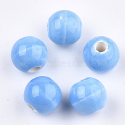 Handmade Porcelain Beads, Bright Glazed Porcelain, Round, Deep Sky Blue, 8~8.5x7.5~8mm, Hole: 1.5~2mm(PORC-S499-01A-06)