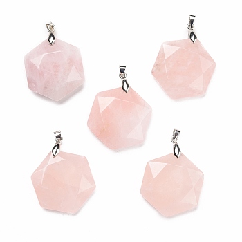 Natural Rose Quartz Pendants, with Platinum Tone Brass Findings, Faceted, Hexagon, 37x24x10mm, Hole: 4x4mm