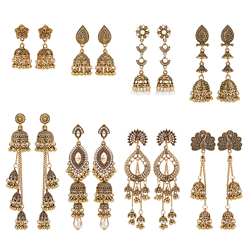 8 Pairs 8 Style Zinc Alloy Dangle Stud Earrings for Women, Antique Golden, 43~115mm, Pin: 0.6~1mm, 1 pair/style