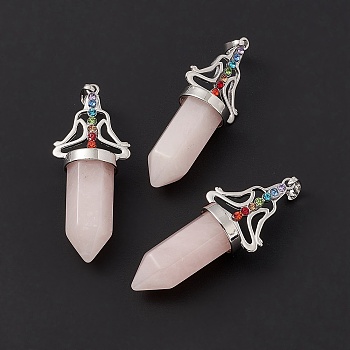 Natural Rose Quartz Big Pendants, 7 Chakra Faceted Bullet Charms, with Platinum Plated Brass Findings and Colorful Rhinestone, Cadmium Free & Lead Free, 55x22.5x16mm, Hole: 8x5mm