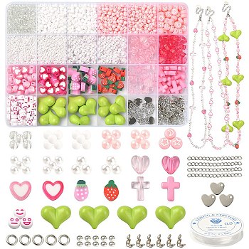 DIY Bracelet Necklace Making Kit, Including Acrylic Heart & Plastic Imitation Pearl & Polymer Clay Strawberry & Round Seed Beads, 201 Stainless Steel Charms, Mixed Color