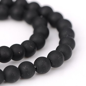 Frosted Natural Black Agate Round Beads Strands, Dyed & Heated, 6mm, Hole: 1mm, about 69pcs/strand, 15.1 inch