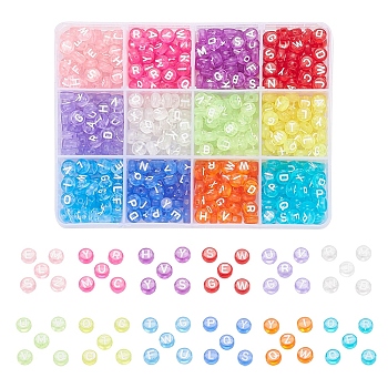 600Pcs 12 Colors Transparent Acrylic Beads, Horizontal Hole, Mixed Letters, Flat Round, Mixed Color, 7x4mm, Hole: 1.5mm, 50pcs/color