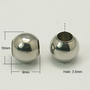202 Stainless Steel Beads, Round, Stainless Steel Color, 10x9mm, Hole: 3~3.5mm