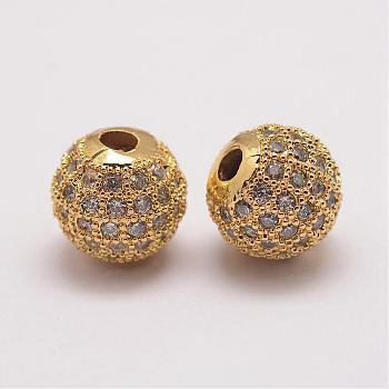 Brass Micro Pave Cubic Zirconia Beads, Round, Golden, 10x9.5mm, Hole: 2mm