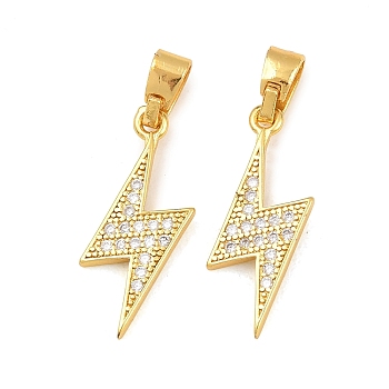 Lightning Bolt Brass Micro Pave Cubic Zirconia Pendants, Golden, 21.5x8x1.5mm, Hole: 4x3.5mm