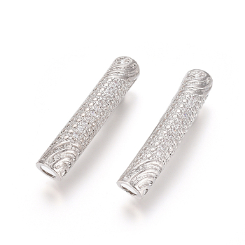 Brass Micro Pave Clear Cubic Zirconia Beads, Long-Lasting Plated, Tube Beads, Platinum, 30x6mm, Hole: 4mm