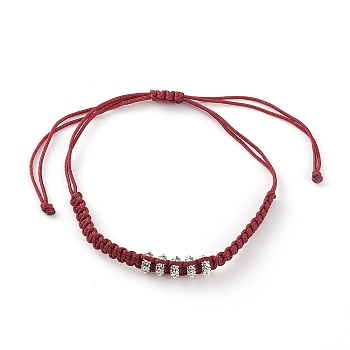 Unisex Adjustable Nylon Thread Braided Bead Bracelets, with Antique Silver Plated Alloy Spacer Breads, Flat Round, Red, Inner Diameter: 1~3-1/2 inch(2.6~9cm)