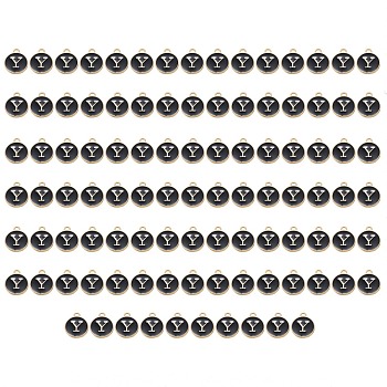Golden Plated Enamel Alloy Charms, Enamelled Sequins, Flat Round, Black, Letter.Y, 14x12x2mm, Hole: 1.5mm, 100pcs/Box