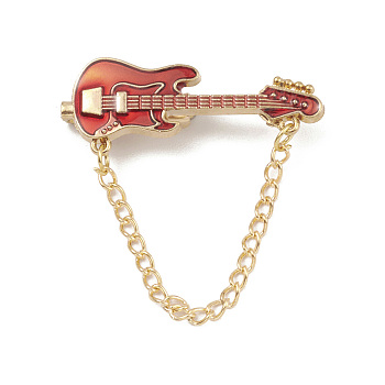 Alloy Enamel Brooch, Guitar Pin with Chain, Red, 37mm