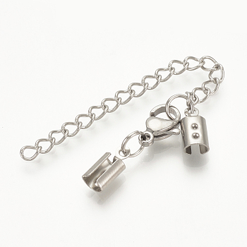 304 Stainless Steel Chain Extender, Soldered, with Folding Crimp Ends, Stainless Steel Color, 35.5mm long, Lobster: 10x7x3.5mm, Cord End: 10x4.5x3mm, 3mm Inner Diameter, Chain Extenders: 48~50mm