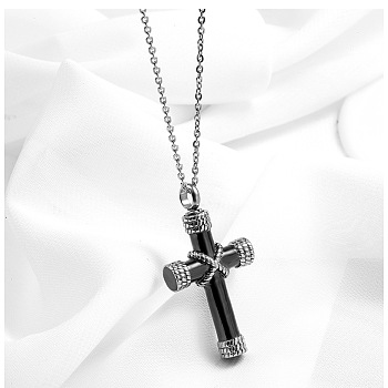 Cross Urn Ashes Pendant Necklace, 316L Stainless Steel Memorial Jewelry for Women, Electrophoresis Black, 19.69 inch(50cm)