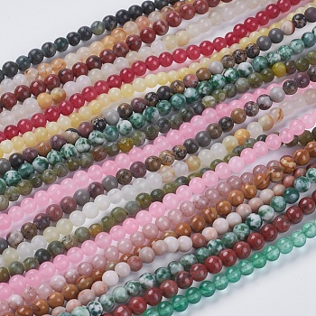 Natural Mixed Gemstone and Dyed Jade Beads Strands, Round, Mixed Color, 4mm, Hole: 1mm, about 95pcs/strand, 15.5 inch
