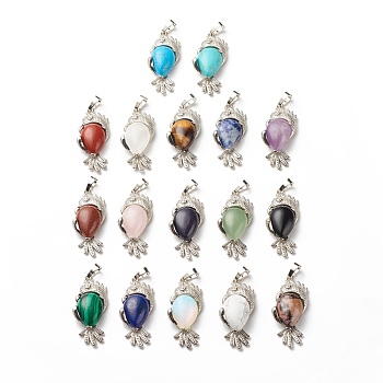 Natural & Synthetic Gemstone Pendants, with Platinum Tone Brass Findings, Cadmium Free & Lead Free, Bird, Mixed Dyed and Undyed, 38x16x8mm, Hole: 4.5x8mm