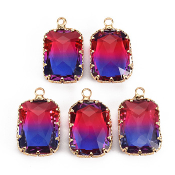 Gradient Color Glass Pendants, with Brass Prong Settings, Faceted, Rectangle, Light Gold, Blue, 24x14x6mm, Hole: 1.6mm