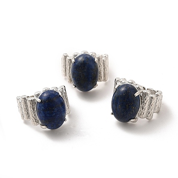 Natural Lapis Lazuli Oval Open Cuff Ring, Platinum Brass Jewelry for Women, Inner Diameter: 19mm
