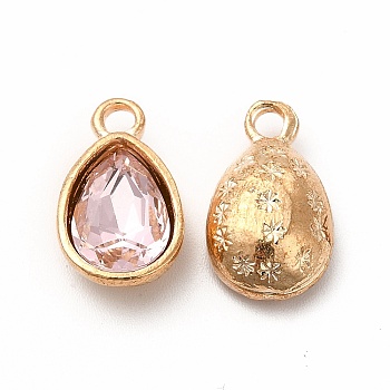 Faceted Glass Rhinestone Pendants, with Golden Tone Zinc Alloy Findings, Teardrop Charms, Pink, 15x9x5mm, Hole: 2mm