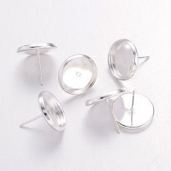 Brass Ear Studs Settings, Nickel Free, Silver Color Plated, Tray: 12mm, 12mm, Pin: 0.7mm