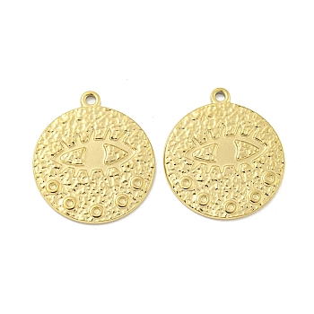 304 Stainless Steel Pendants, Textured, Flat Round with Eye Charm, Real 14K Gold Plated, 21.5x18.5x1mm, Hole: 1.5mm