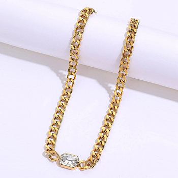 Cubic Zirconia Rectangle Pendant Necklace, with Golden Stainless Steel Cuban Link Chains, Clear, 18.90 inch(48cm)