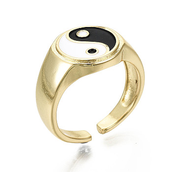 Brass Enamel Cuff Rings, Open Rings, Nickel Free, Gossip/Yin Yang, Black & White, Real 16K Gold Plated, Inner Diameter: 17mm