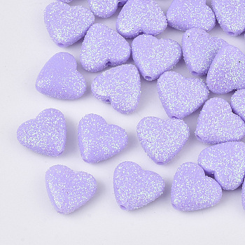 Opaque Acrylic Beads, with Glitter Powder, Heart, Medium Purple, 12.5x13.5x6mm, Hole: 1.5mm