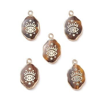 Natural Tiger Eye Pendants, Oval Charms with Golden Brass Edge, 22x13x3~5.5mm, Hole: 1.8mm
