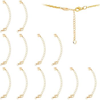 14Pcs Brass Chain Extender, with Curb Chains and Heart Charms & Lobster Claw Clasps, Real 18K Gold Plated, 67mm