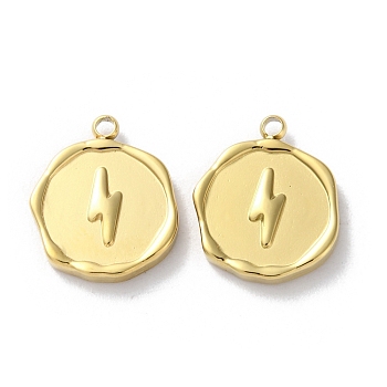 Ion Plating(IP) 304 Stainless Steel Pendants, Flat Round Charm, Real 18K Gold Plated, Lightning Bolt, 15.5x12.5x2.5mm, Hole: 1.6mm